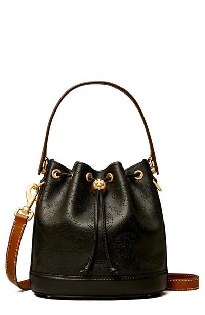 Tory Burch T Monogram Perforated Leather Bucket Bag In Black