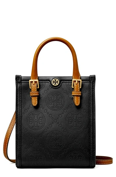 Tory Burch Mini T Monogram Perforated Leather Crossbody Tote In Black/brass
