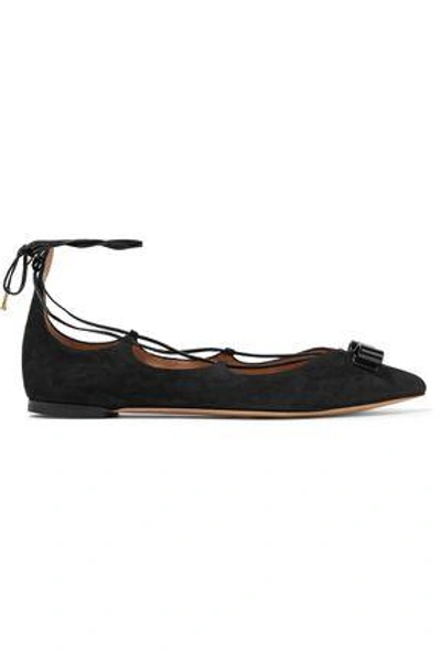 Ferragamo Claire Lace-up Suede Point-toe Flats In Black
