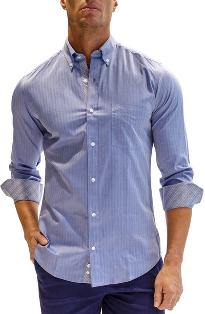 Tailorbyrd Heritage Stripe Print Long Sleeve Cotton Button-down Shirt In Denim Blue