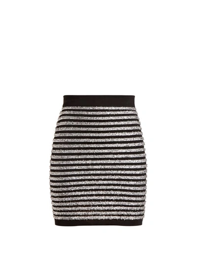 Balmain Striped Tinsel And Stretch-knit Mini Skirt In Silver