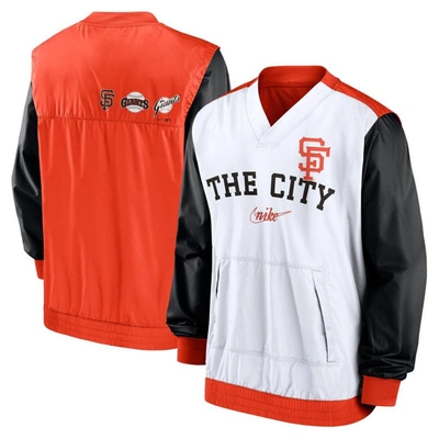 Nike Men's  White, Orange San Francisco Giants Rewind Warmup V-neck Pullover Jacket In White,orange