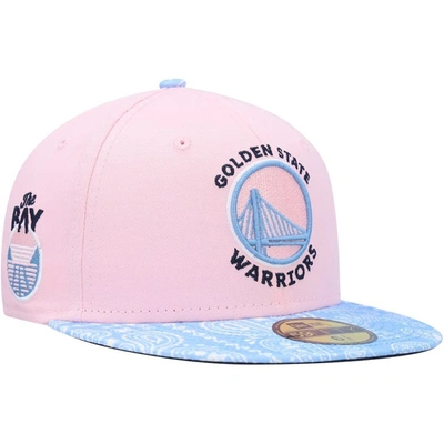 New Era Men's  Pink, Light Blue Golden State Warriors Paisley Visor 59fifty Fitted Hat In Pink,light Blue