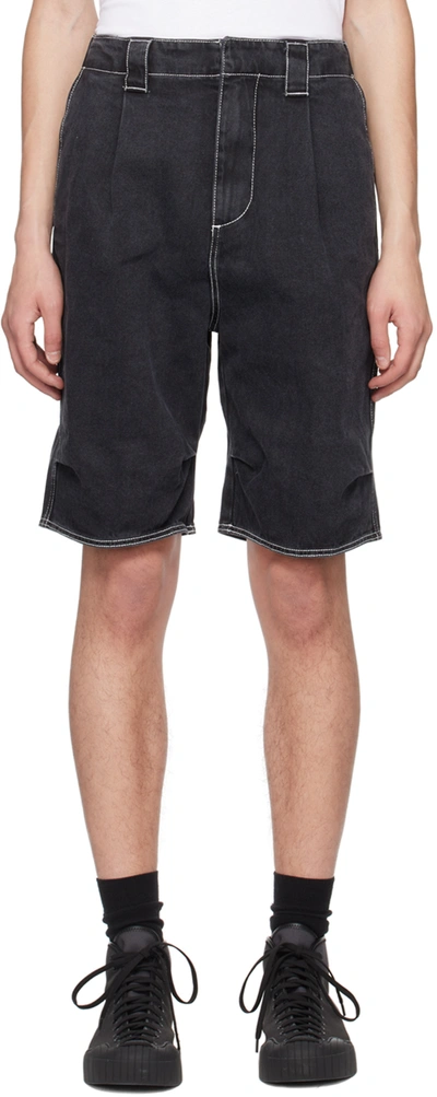 Sunnei Black Pleated Denim Shorts In Navy