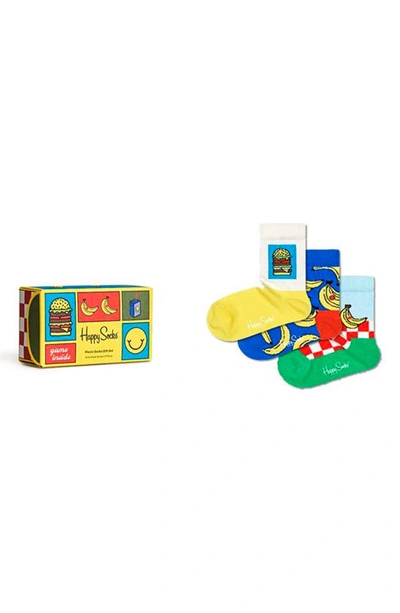 Happy Socks Kids' Picnic Assorted 3-pack Crew Socks Gift Box In Blue/ Yellow/ Green
