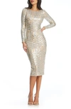 Dress The Population Emery Sequin Stripe Long Sleeve Cocktail Dress In Silver/ Beige