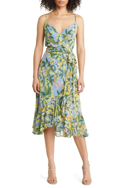 Eliza J Floral Wrap Bodice Dress In Blue