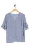 Cece Double Flutter Sleeve Button Front Blouse In Denim Blue/ White