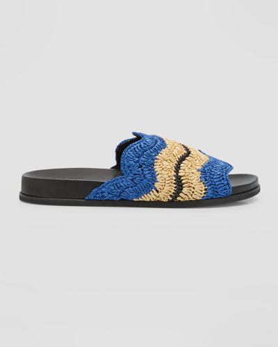Marni No Vacancy Inn Striped Woven Raffia And Leather Slides In Blue