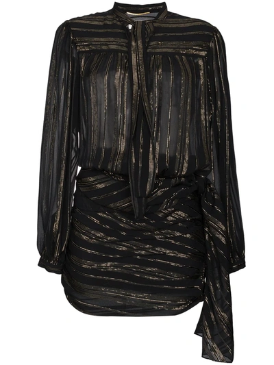 Saint Laurent Bow Detail Metallic Wrap Silk Mini Dress In Black