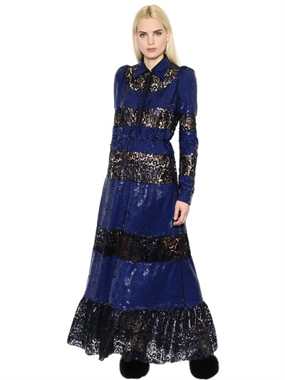 Sonia Rykiel Sequined & Lacquered Lace Dress, Blue | ModeSens