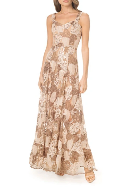 Dress The Population Anabel Embroidered Sequin Sweetheart Neck Gown In Beige Multi
