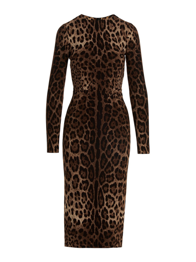 Dolce & Gabbana Leopard-print Cady Dress With Long Sleeves In Animal Print
