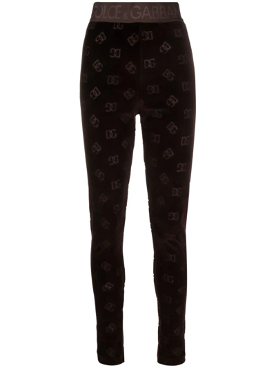 Dolce & Gabbana Flocked Jersey Leggings With All-over Dg Logo In Brown
