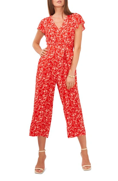 Vince Camuto Floral Flutter Sleeve Crop Jumpsuit In Fiery Red