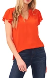 Cece Flutter Sleeve Split Neck Top In Poppy Red