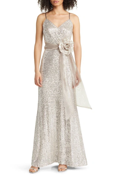 Eliza J Organza Flower Sequin Gown In Silver