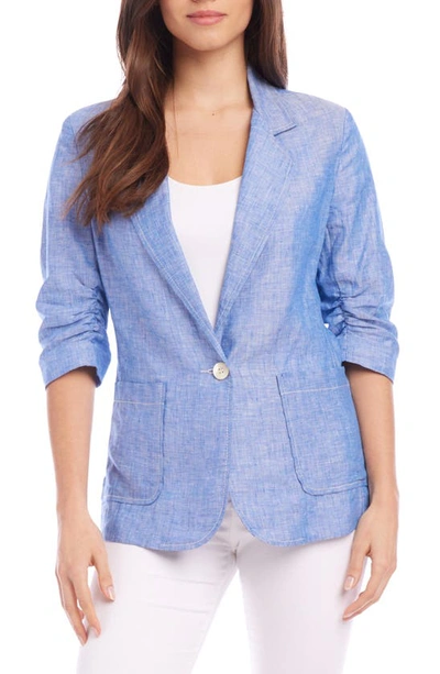 Karen Kane Ruched Sleeve Linen Jacket In Blue