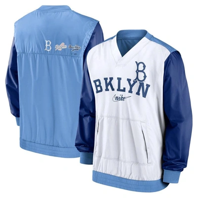 Nike Men's  White, Light Blue Los Angeles Dodgers Rewind Warmup V-neck Pullover Jacket In White,light Blue
