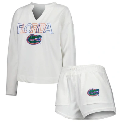 Concepts Sport Women's  White Florida Gators Sunray Notch Neck Long Sleeve T-shirt And Shorts Set