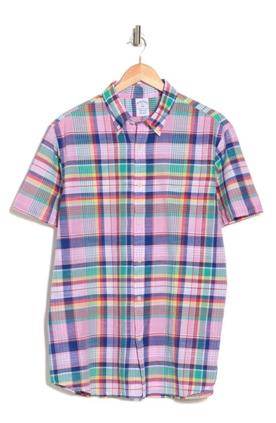 Brooks Brothers Plaid Cotton Short Sleeve Button-down Shirt In Madraspinkmulti
