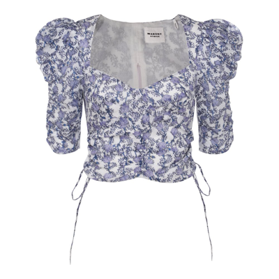 Isabel Marant Étoile Puff Sleeved Floral Printed Cropped Top In Blue