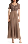 Pisarro Nights Beaded Bodice A-line Gown In Mocha