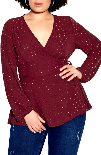 City Chic Bling Flirt Embellished Wrap Blouse In Ruby