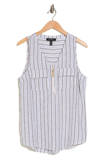 Ellen Tracy Sleeveless Zipper Detail Top In White/ Black Stripe