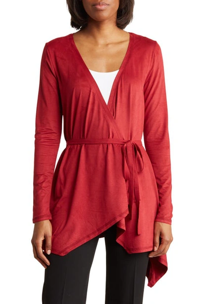 Vertigo Paris Faux Suede Wrap Tie Cardigan In Crimson