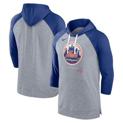 Nike Men's  Heather Gray, Heather Royal New York Mets Baseball Raglan 3/4 Sleeve Pullover Hoodie In Heather Gray,heather Royal