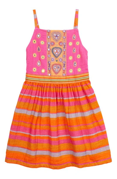 Peek Aren't You Curious Kids' Embroidered Stripe Cotton Dress In Pink Multi