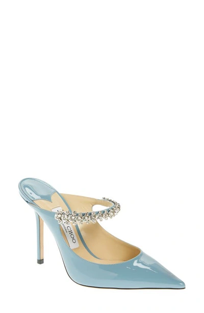 Jimmy Choo Bing Crystal Embellished Pointed Toe Patent Mule In Smoky Blue