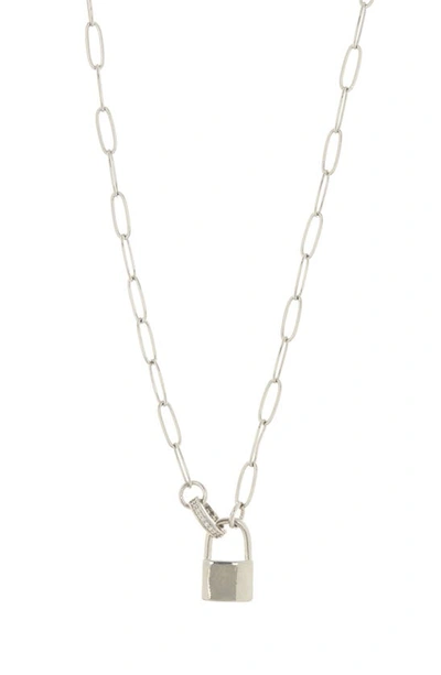 Meshmerise 18k Gold Plate Cz Padlock Necklace In 18kt White Plated Brass