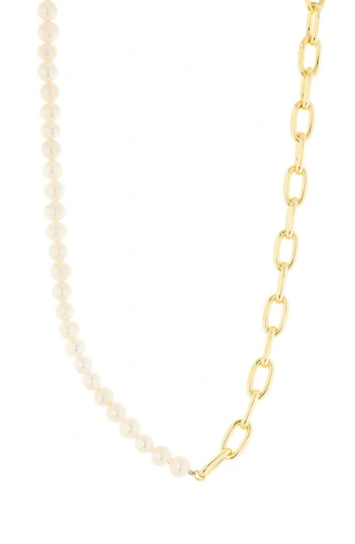 Meshmerise Faux Pearl Half & Half Necklace In 18kt Yellow Plated Brass