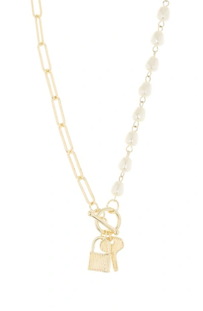 Meshmerise Faux Pearl Link Charm Necklace In Gold