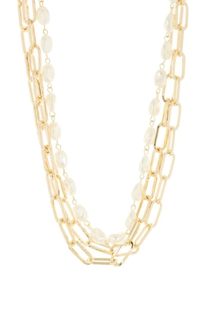 Meshmerise 18k Gold Plate Synthetic Pearl Layered Chain Necklace In 18kt Yellow Plated Brass