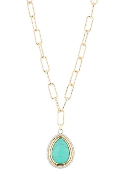 Meshmerise 18k Gold Plate Turquoise Cz Pendant Necklace In 18kt Two Tone Plated Brass