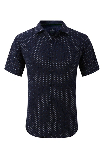 Tom Baine Anchor Print Slim Fit Short Sleeve Performance Stretch Button-up Shirt In Navy Blue
