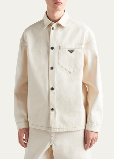 Prada Men's Natural Denim Snap-front Shirt In Beige
