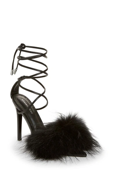 Azalea Wang Bunny Faux Feather Ankle Wrap Sandal In Black