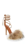 Azalea Wang Bunny Faux Feather Ankle Wrap Sandal In Brown