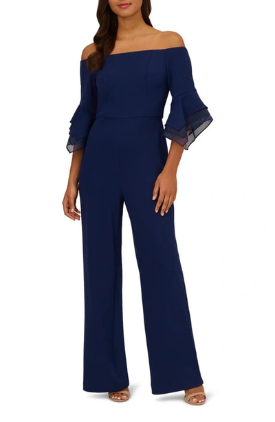 Adrianna Papell Off The Shoulder Organza Crepe Jumpsuit In Navy Sateen