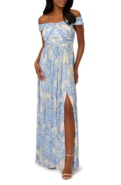 Adrianna Papell Off The Shoulder Chiffon Gown In Blue Multi