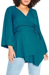 City Chic Shibara Vibes Asymmetric Faux Wrap Top In Teal