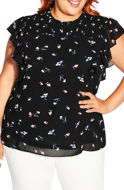 City Chic Elena Floral Smocked Blouse In Black Blushing Petal