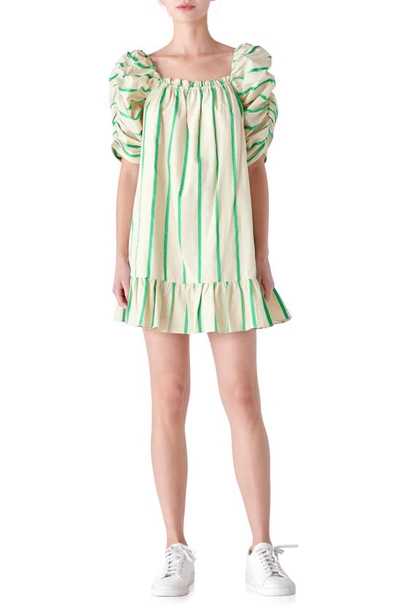 English Factory Stripe Puff Sleeve Trapeze Dress In Beige/ Green