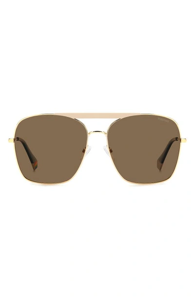 Polaroid 59mm Flat Front Polarized Square Sunglasses In Mate Ivory-gold/ Bronze Polar