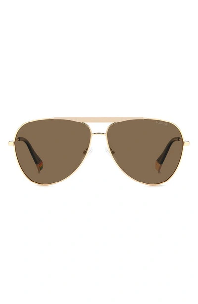 Polaroid 61mm Flat Front Polarized Aviator Sunglasses In Gold Ivory/ Bronze Polar