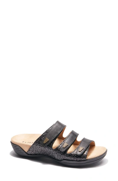 Halsa Footwear Hälsa Delight Strappy Slide Sandal In Black Waxed/ Embossed